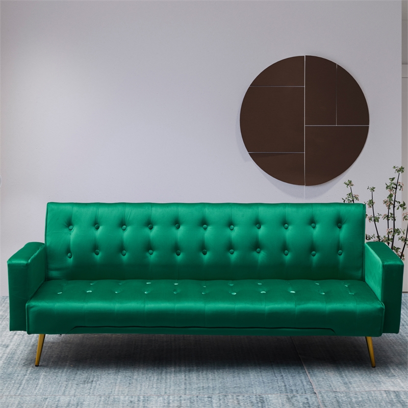 Bowery Hill Contemporary Velvet Convertible Sofa in Green Finish