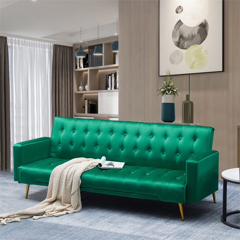 Bowery Hill Contemporary Velvet Convertible Sofa in Green Finish