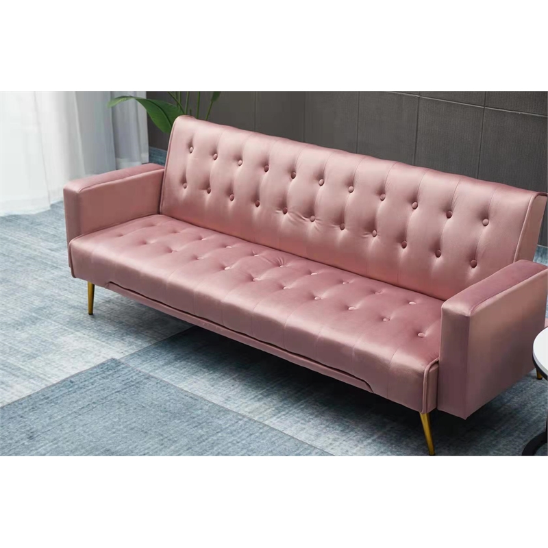 Bowery Hill Contemporary Velvet Convertible Sofa in Rose Finish
