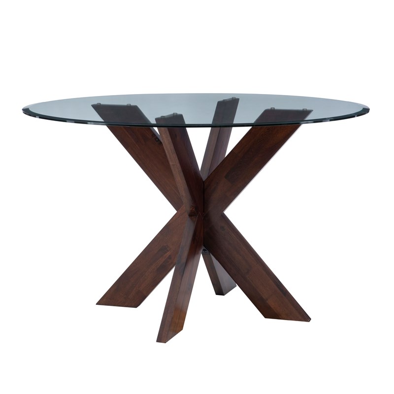 Bowery Hill 5 Pc Dining Set Natural Fabric Chairs Glass Top in Espresso Wood