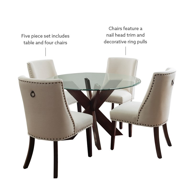 Bowery Hill 5 Pc Dining Set Natural Fabric Chairs Glass Top in Espresso Wood