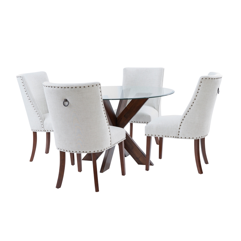 Bowery Hill 5 Pc Dining Set Natural Fabric Chairs Glass Top in Espresso Wood