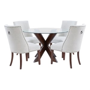 Bowery Hill 5 Pc Dining Set Natural Fabric Chairs Glass Top in Espresso Wood