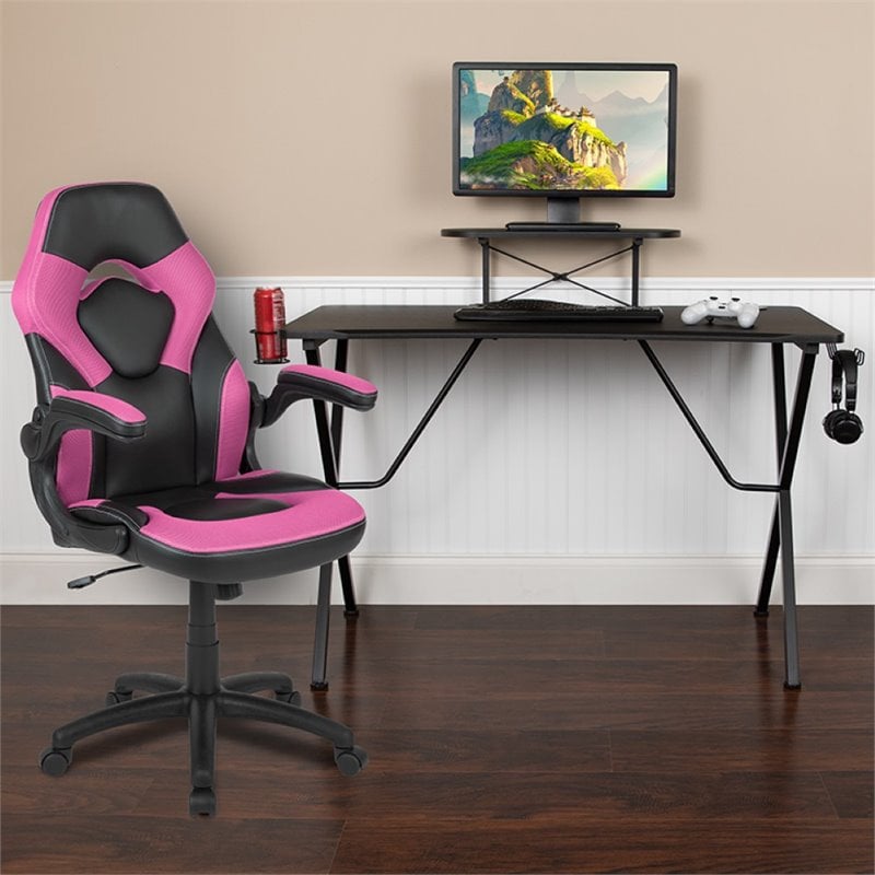 Bowery Hill Gaming Desk and Racing Swivel Chair Set in Black and Pink