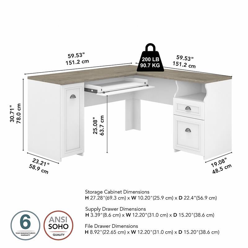 Bowery Hill 60W L Shaped Desk in Pure White and Shiplap Gray - Engineered Wood