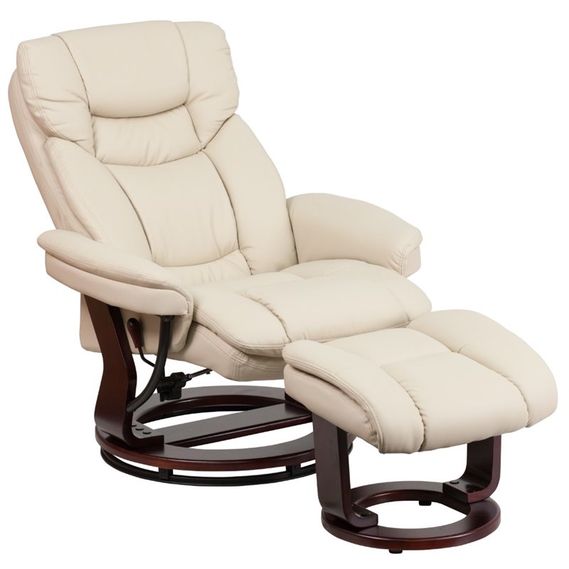 Bowery Hill Contemporary Leather Swivel Recliner and Ottoman in Beige