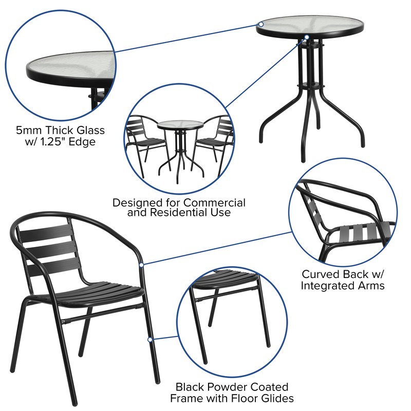 Bowery Hill Contemporary 3 Piece Round Patio Bistro Set in Black