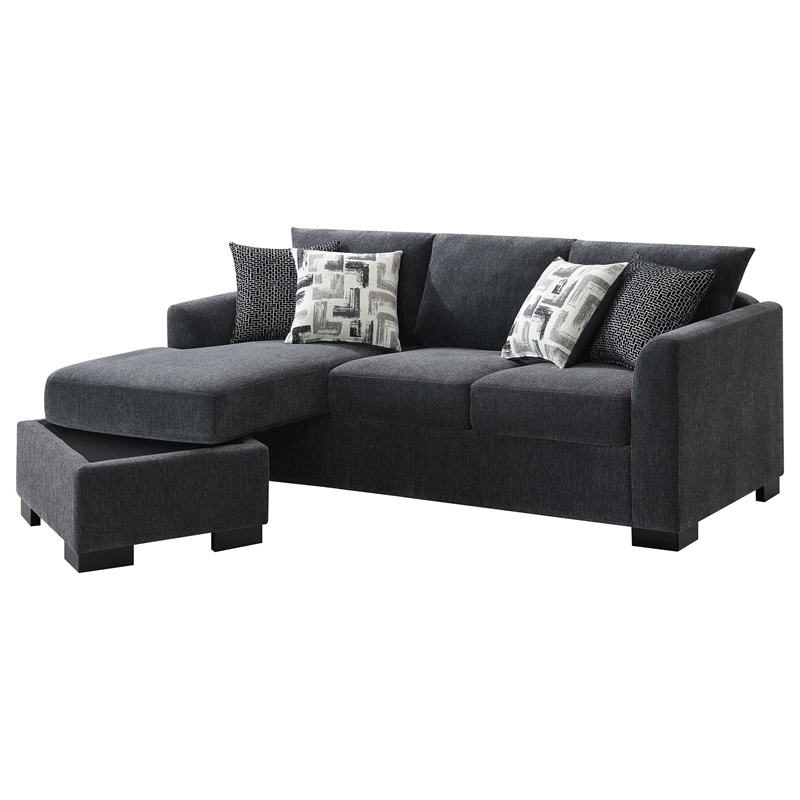 Bowery Hill Fabric Upholstered Sleeper Sectional Chaise Sofa in Dark Gray