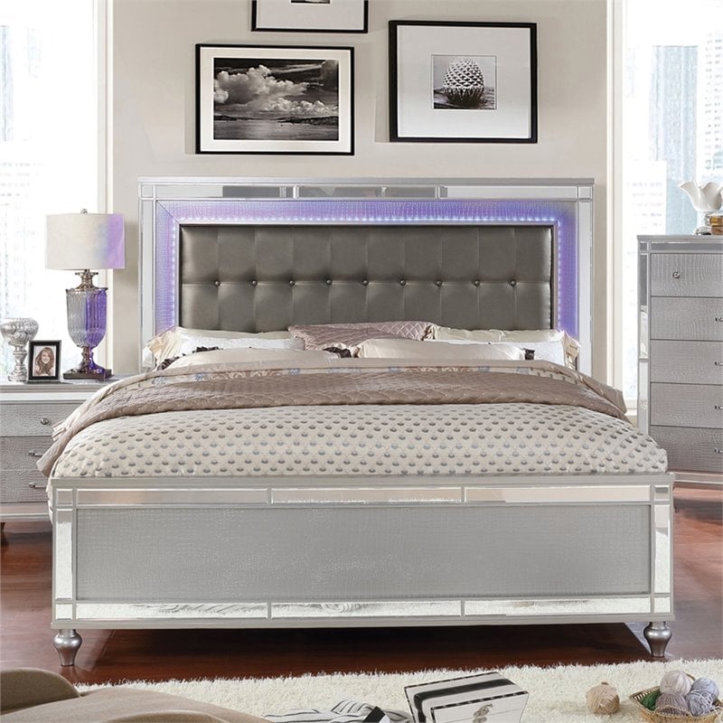 Bowery Hill Modern / Contemporary Wood Queen Bed with LED in Silver