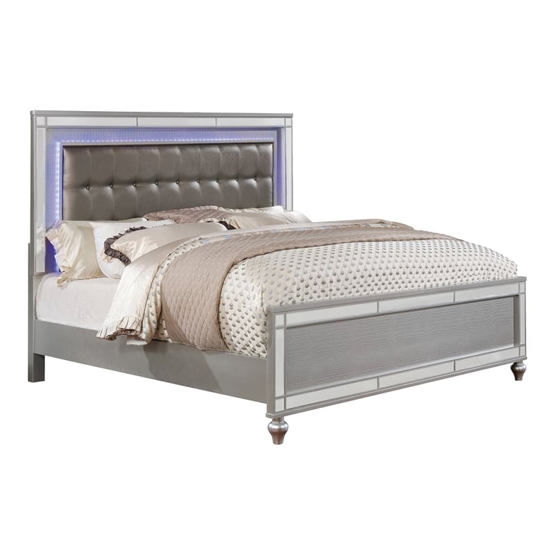 Bowery Hill Modern / Contemporary Wood Queen Bed with LED in Silver