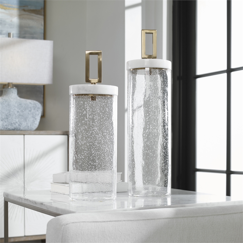 Bowery Hill Seeded Glass and Marble Containers in White (Set of 2)