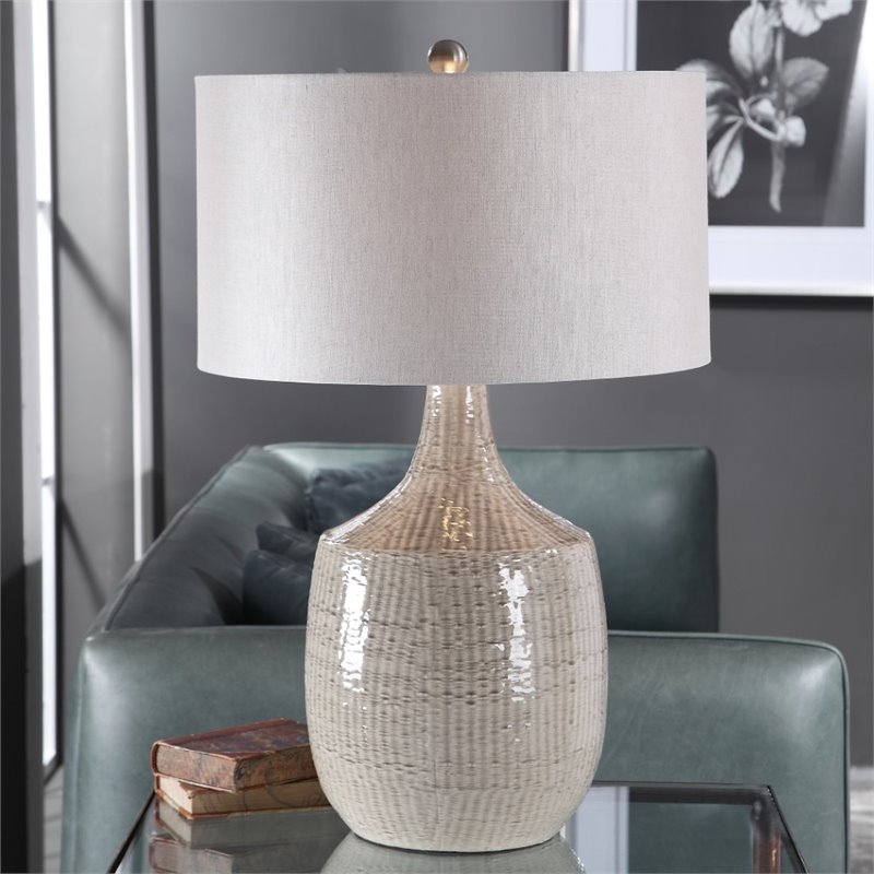 Bowery Hill Farmhouse Ceramic and Fabric Table Lamp in Light Gray