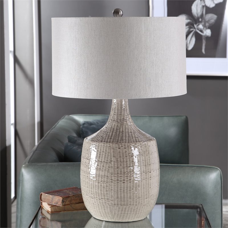 Bowery Hill Farmhouse Ceramic and Fabric Table Lamp in Light Gray