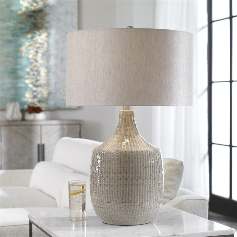 Bowery Hill Farmhouse Ceramic and Fabric Table Lamp in Light Gray