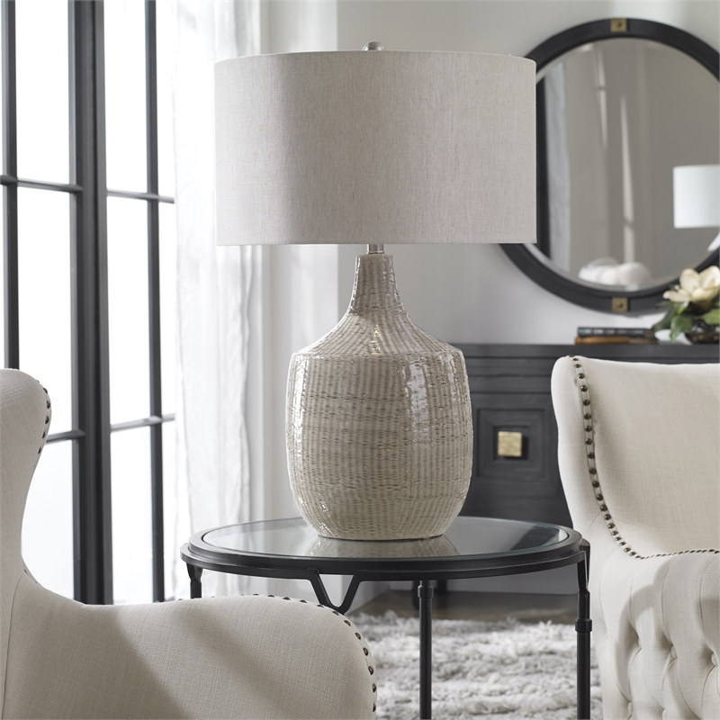 Bowery Hill Farmhouse Ceramic and Fabric Table Lamp in Light Gray