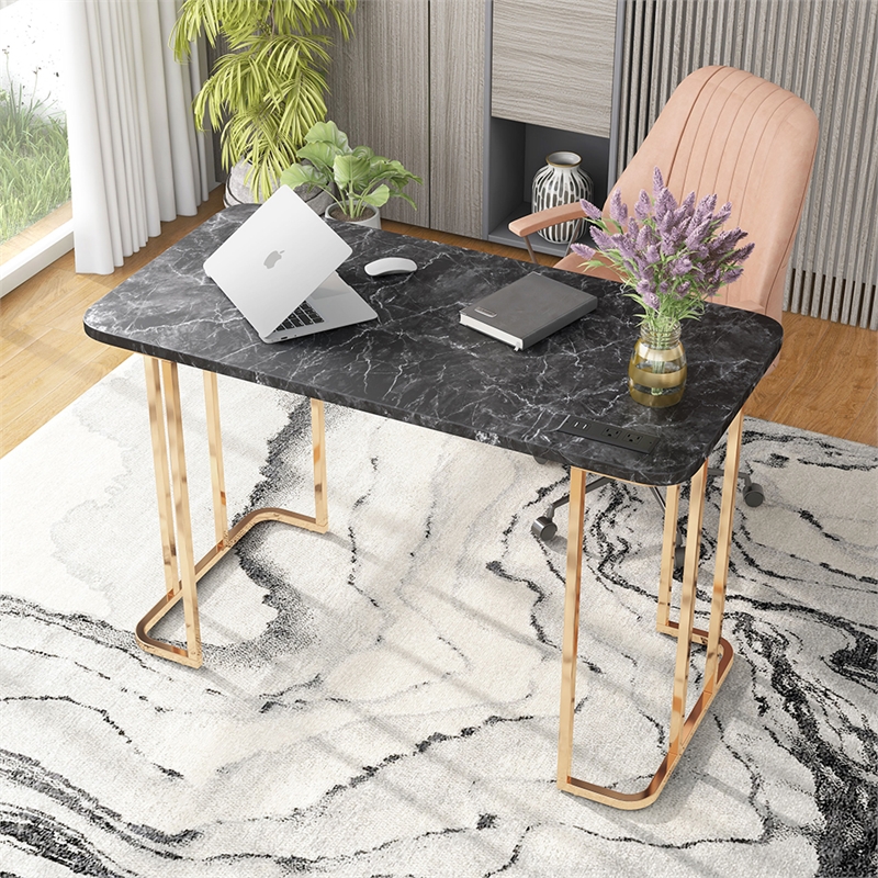 Bowery Hill Contemporary Metal Writing Desk with USB in Black