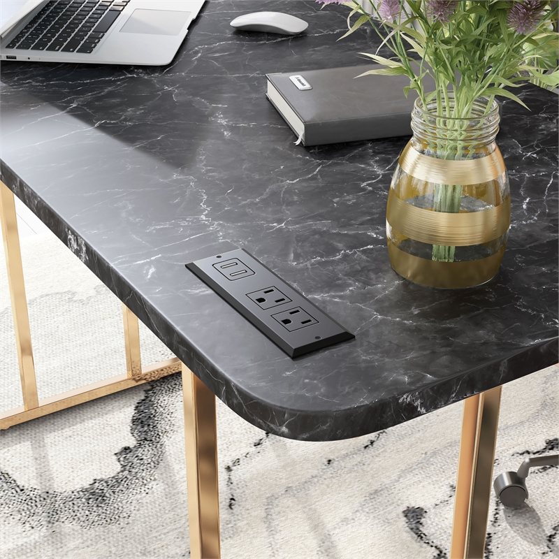 Bowery Hill Contemporary Metal Writing Desk with USB in Black