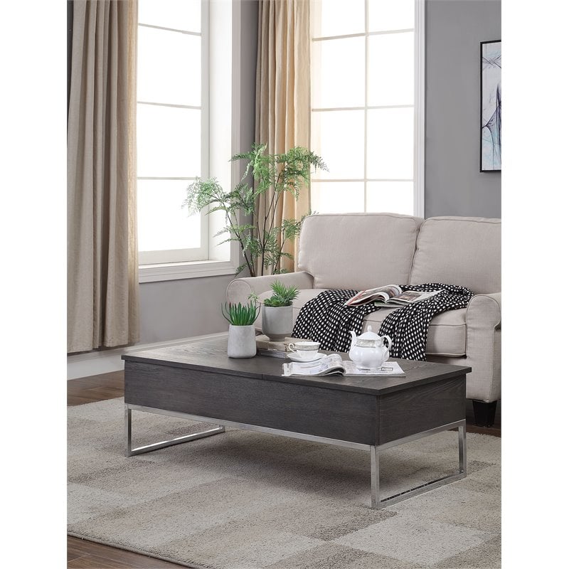 Bowery Hill Coffee Table with Lift Top in Gray Oak and Chrome