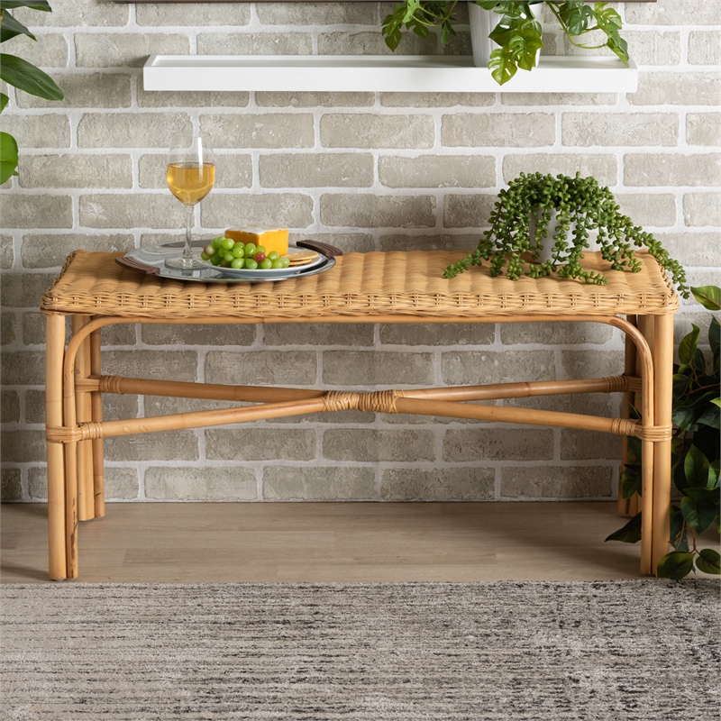 Bowery Hill Modern Bohemian Natural Brown Rattan Accent Bench