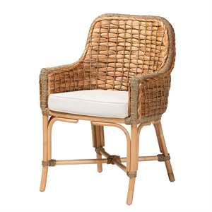 Bowery Hill Natural Brown Woven Rattan Dining Arm Chair with Cushion