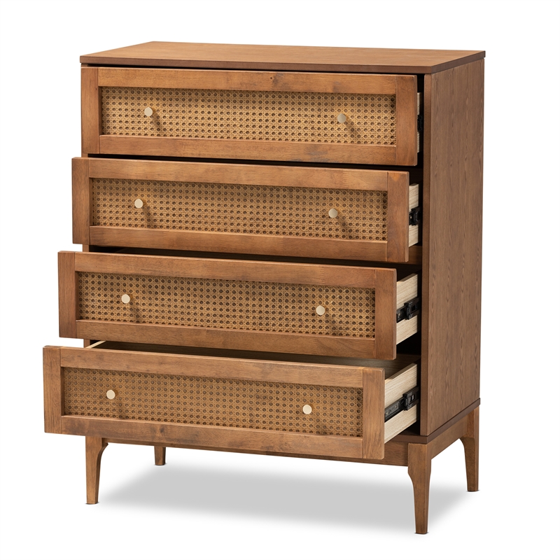 Bowery Hill Ash Walnut Finished Wood and Rattan 4-Drawer Chest