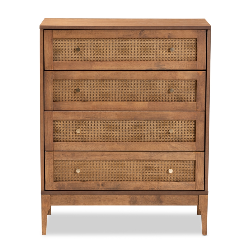 Bowery Hill Ash Walnut Finished Wood and Rattan 4-Drawer Chest