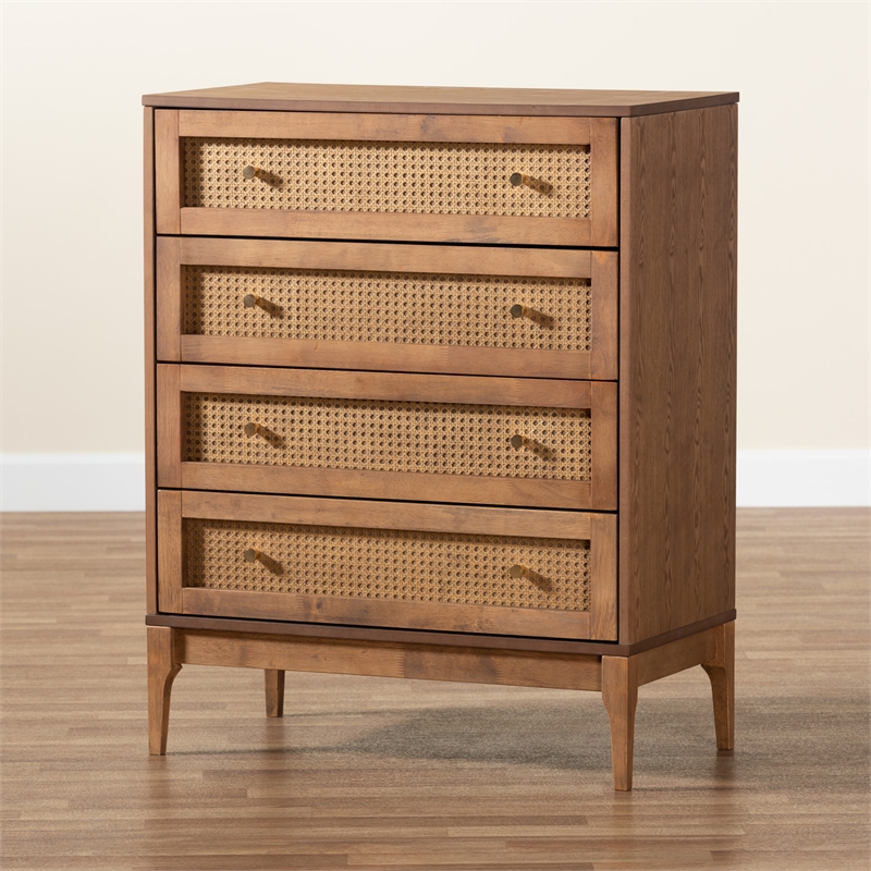 Bowery Hill Ash Walnut Finished Wood and Rattan 4-Drawer Chest