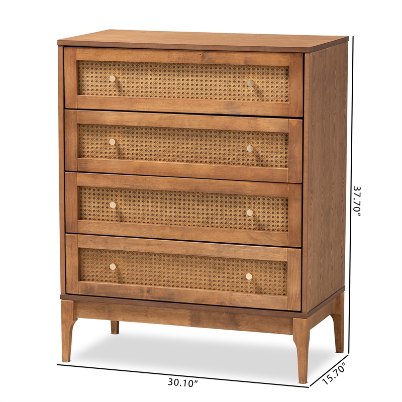 Bowery Hill Ash Walnut Finished Wood and Rattan 4-Drawer Chest