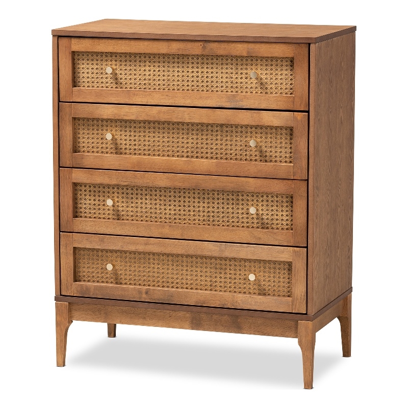Bowery Hill Ash Walnut Finished Wood and Rattan 4-Drawer Chest
