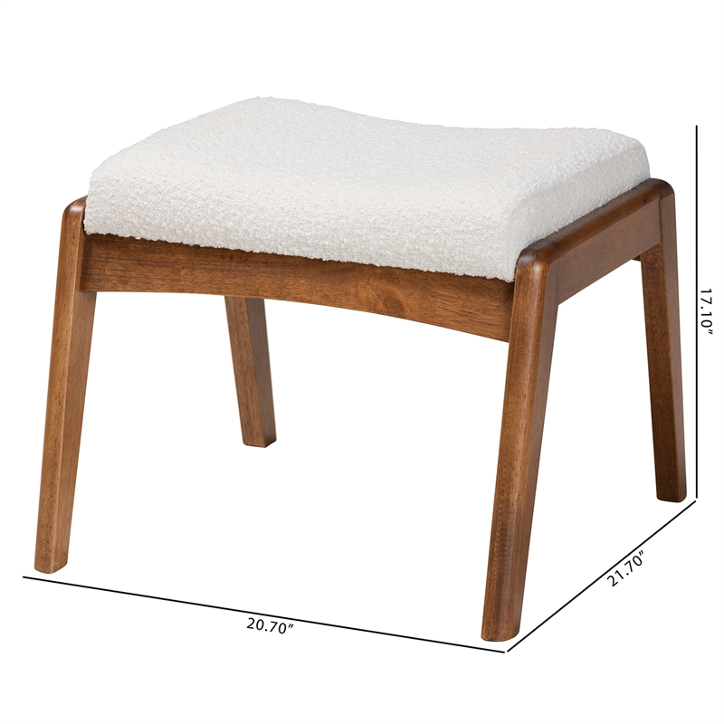 Bowery Hill White Boucle Upholstered and Brown Wood Ottoman Footstool
