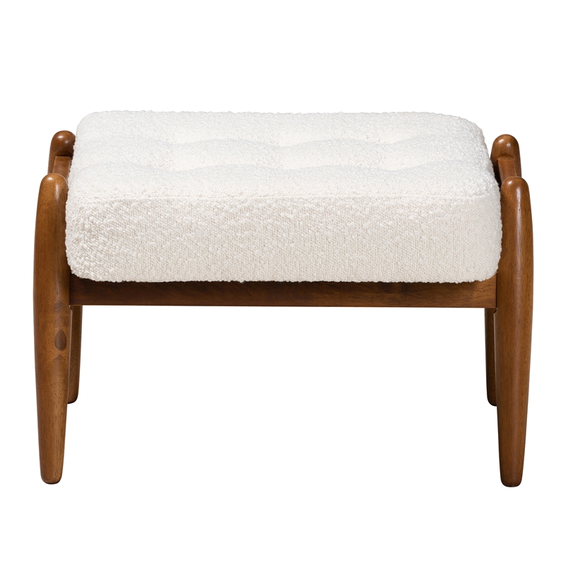 Bowery Hill Cream Boucle Fabric and Brown Rubberwood Ottoman Footstool
