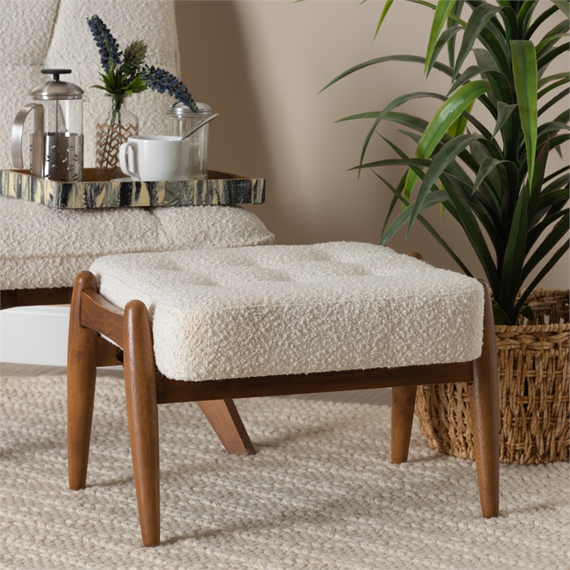 Bowery Hill Cream Boucle Fabric and Brown Rubberwood Ottoman Footstool