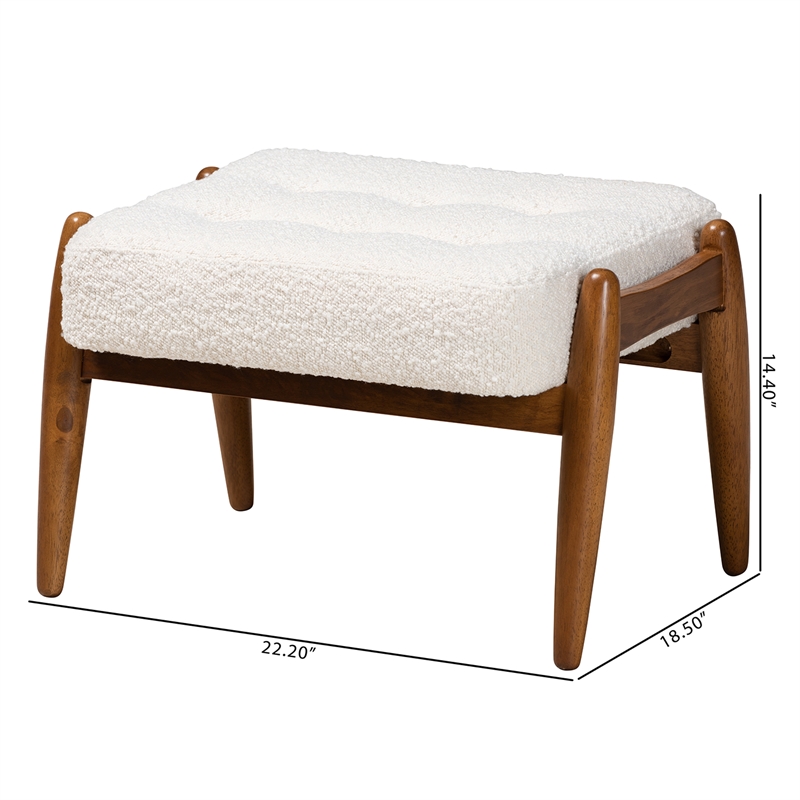 Bowery Hill Cream Boucle Fabric and Brown Rubberwood Ottoman Footstool