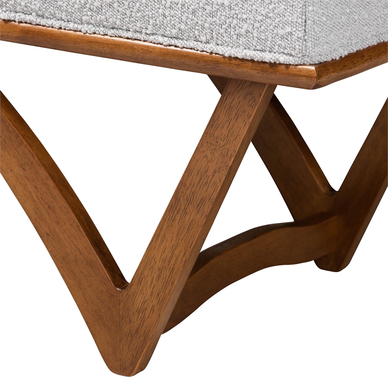 Bowery Hill Modern Gray Boucle Fabric and Walnut Brown Wood Bench