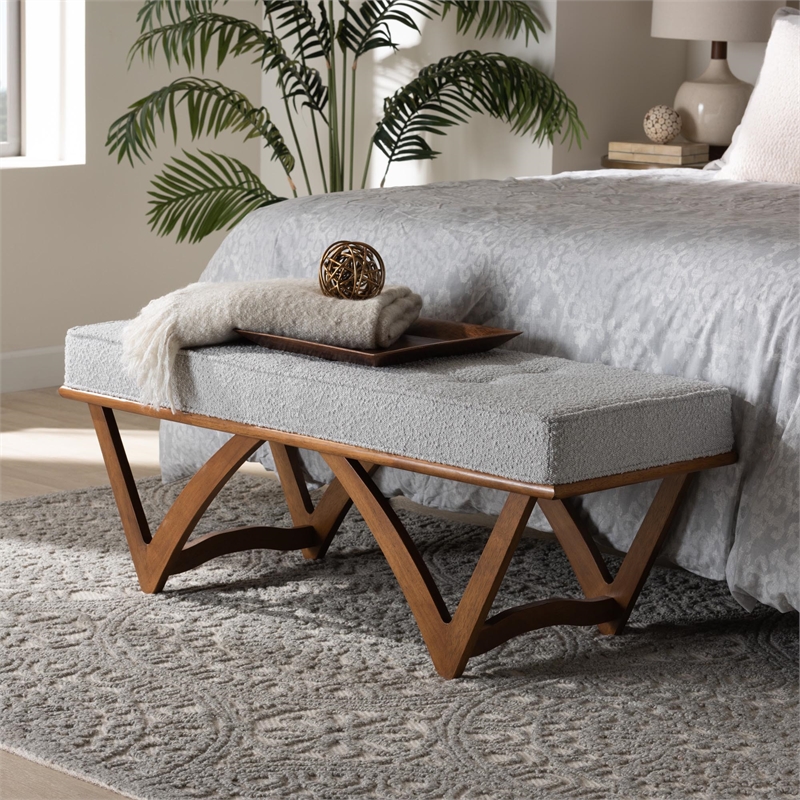 Bowery Hill Modern Gray Boucle Fabric and Walnut Brown Wood Bench