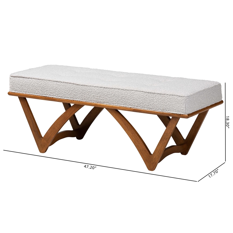 Bowery Hill Modern Gray Boucle Fabric and Walnut Brown Wood Bench