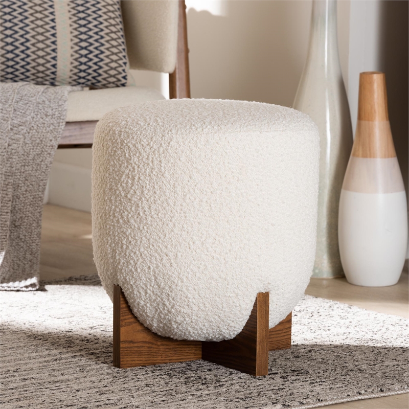 Bowery Hill Cream Boucle Fabric and Walnut Brown Wood Ottoman Footstool