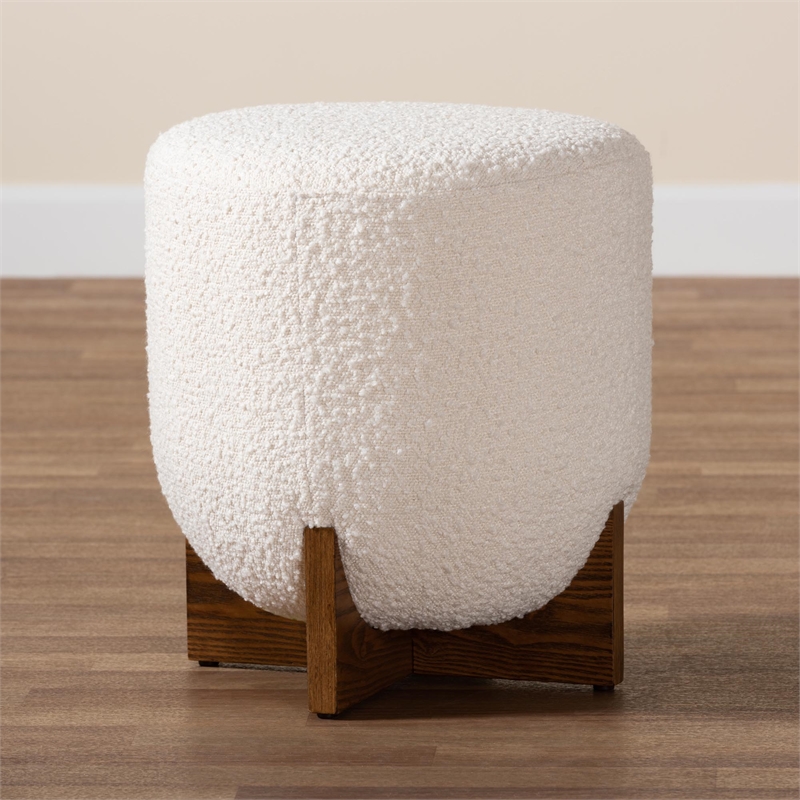 Bowery Hill Cream Boucle Fabric and Walnut Brown Wood Ottoman Footstool