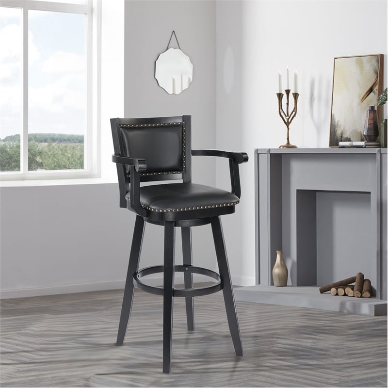 Bowery Hill Faux Leather Black Swivel Stool Round 27.75