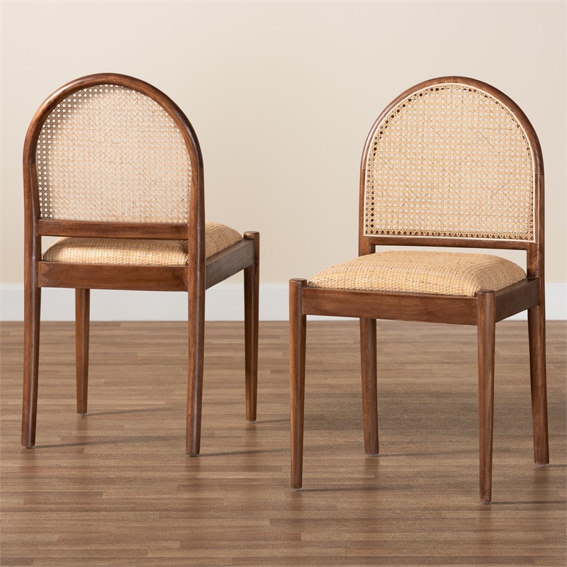 Bowery Hill Natural Rattan and Acacia Wood 2-Piece Dining Chair Set