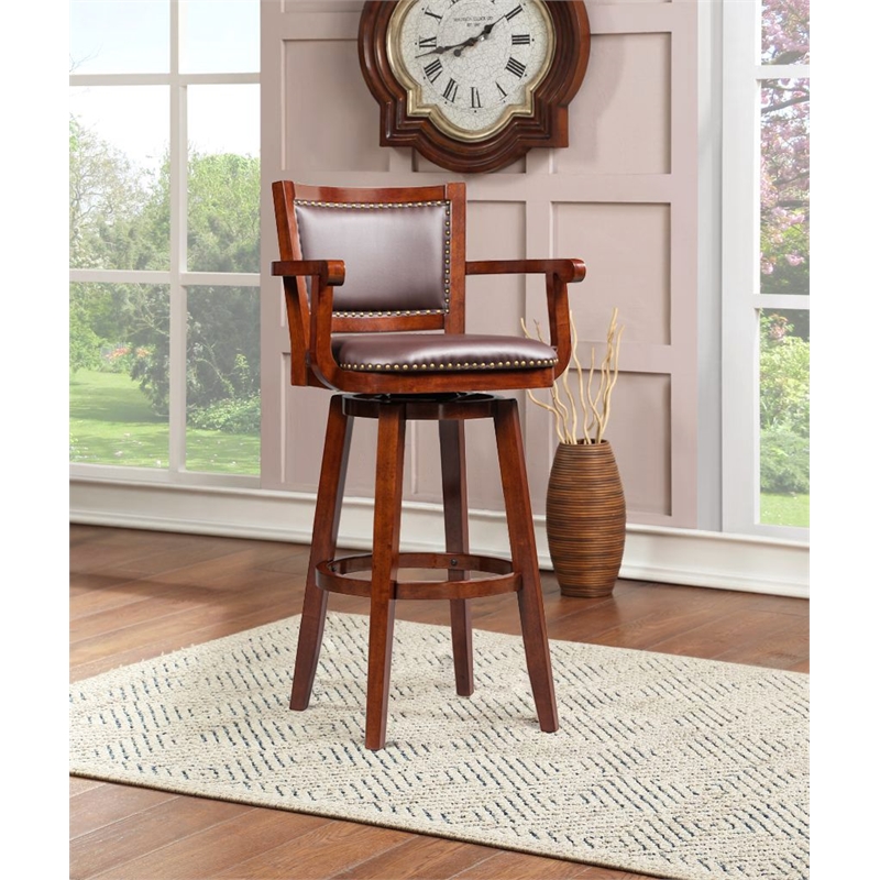 Bowery Hill Modern Extra Tall Swivel Bar Stool with Arms - Cherry