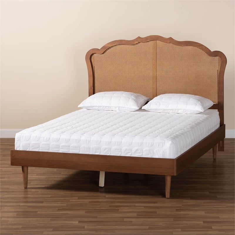 Bowery Hill Walnut Brown Wood and Rattan Queen Size Platform Bed