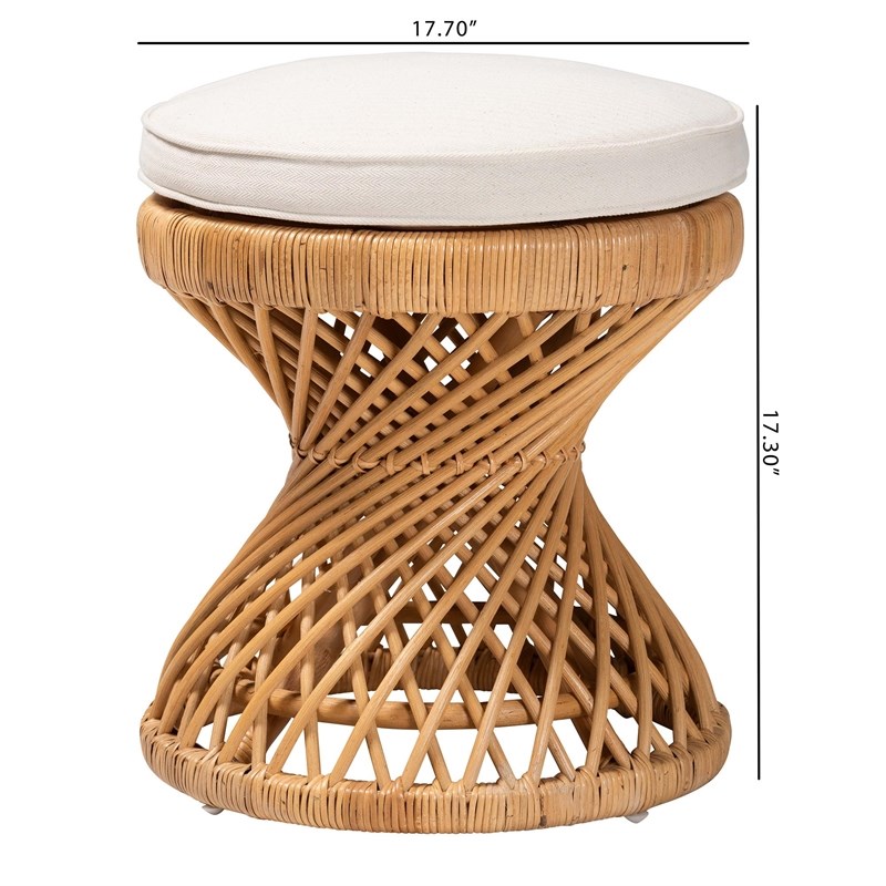 Bowery Hill Natural Rattan Light Honey Footstool Hourglass Round Fully Assembled 17.7