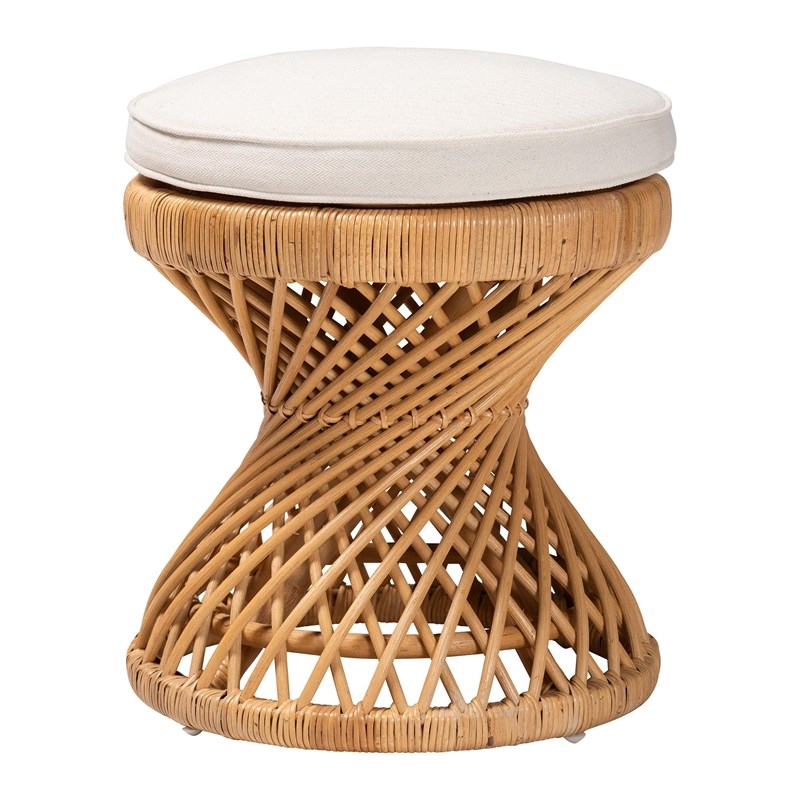 Bowery Hill Natural Rattan Light Honey Footstool Hourglass Round Fully Assembled 17.7