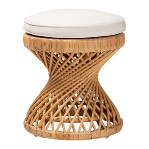 Bowery Hill Natural Rattan Light Honey Footstool Hourglass Round Fully Assembled 17.7&quot