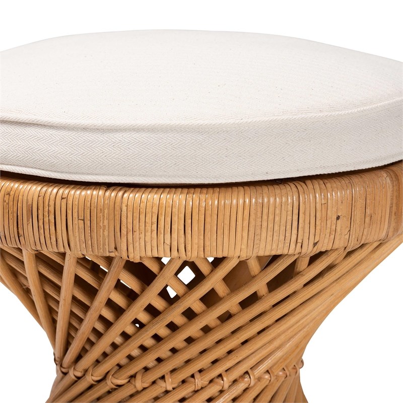Bowery Hill Natural Rattan Light Honey Footstool Hourglass Round Fully Assembled 17.7