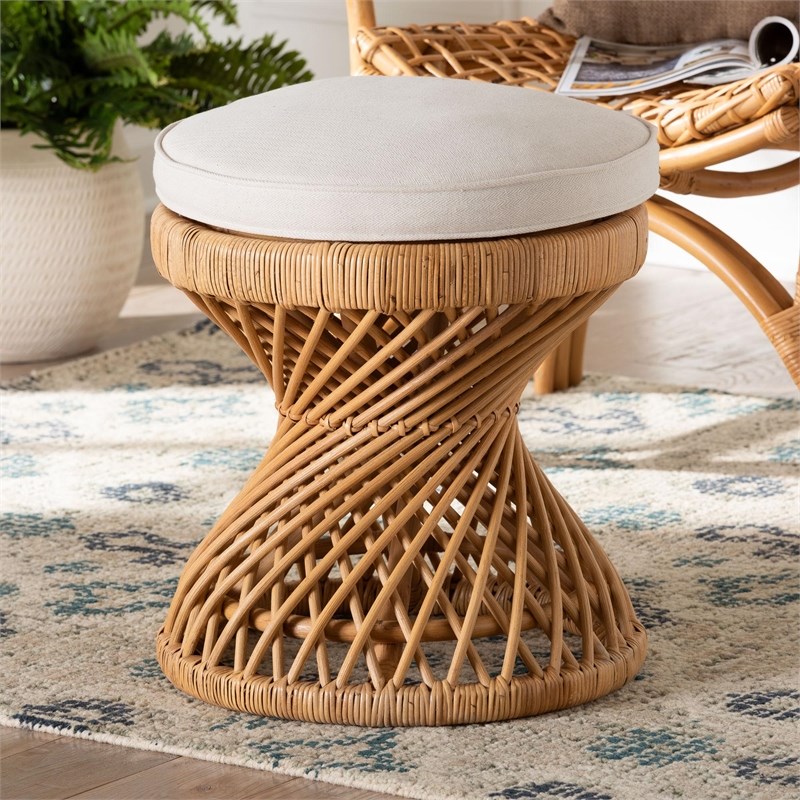 Bowery Hill Natural Rattan Light Honey Footstool Hourglass Round Fully Assembled 17.7