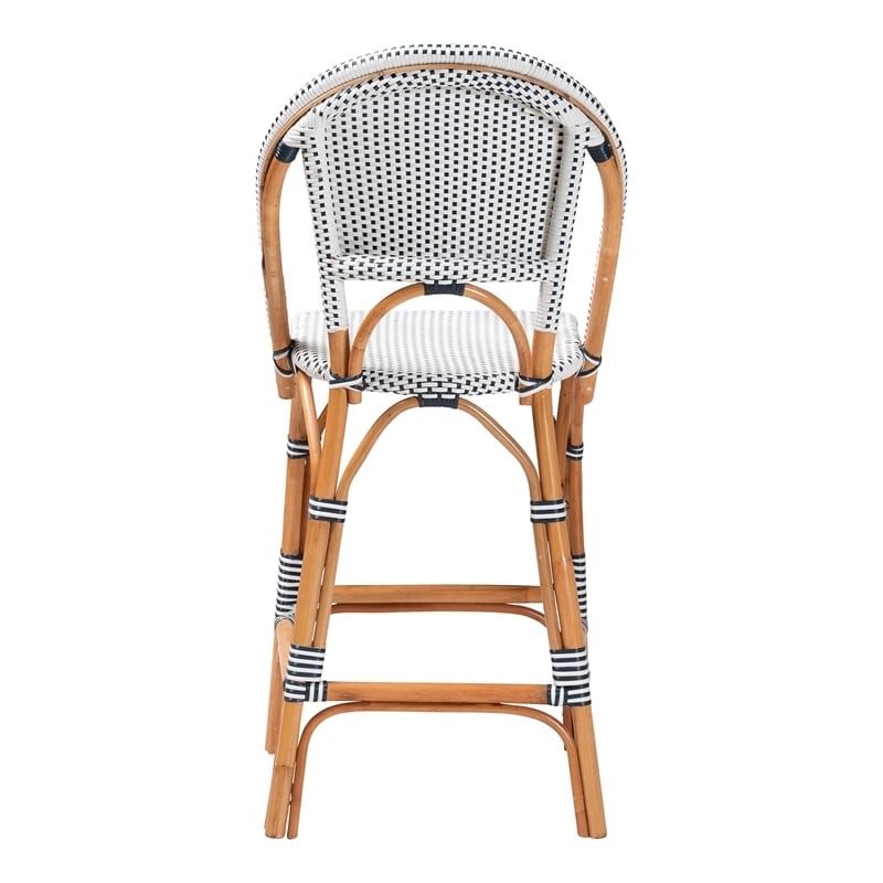 Bowery Hill Two-Tone Navy and White Weaving and Natural Rattan Bar Stool