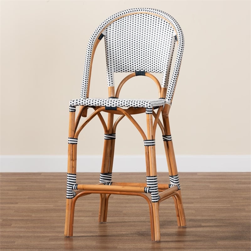 Bowery Hill Two-Tone Navy and White Weaving and Natural Rattan Bar Stool