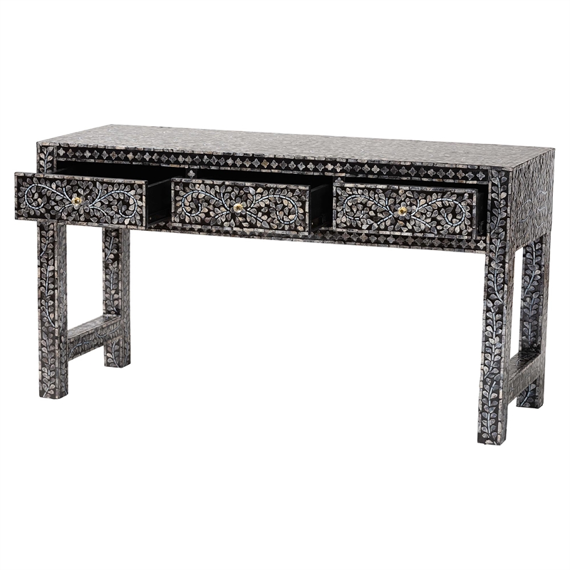 Bowery Hill Black and White Capiz Shell 3-Drawer Console Table